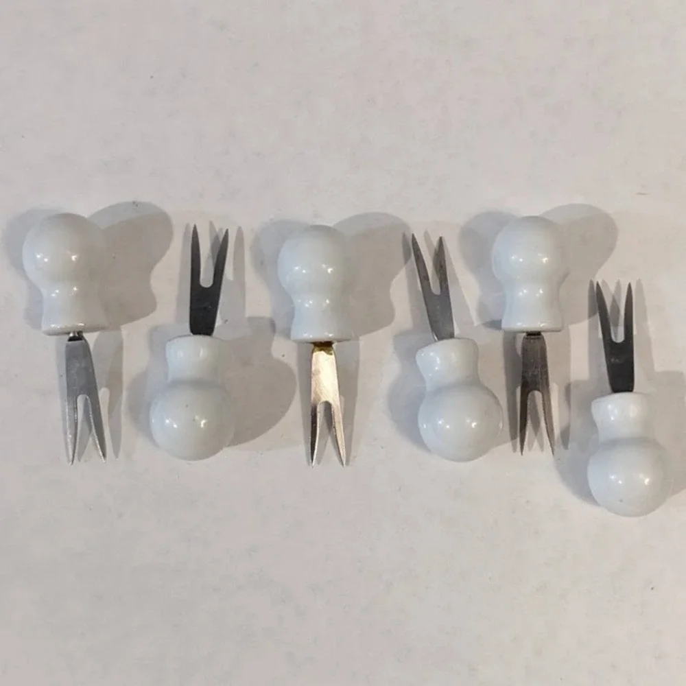 Vintage White Ceramic Ball Handle Appetizer Cocktail Forks Set 6 Stainless Steel